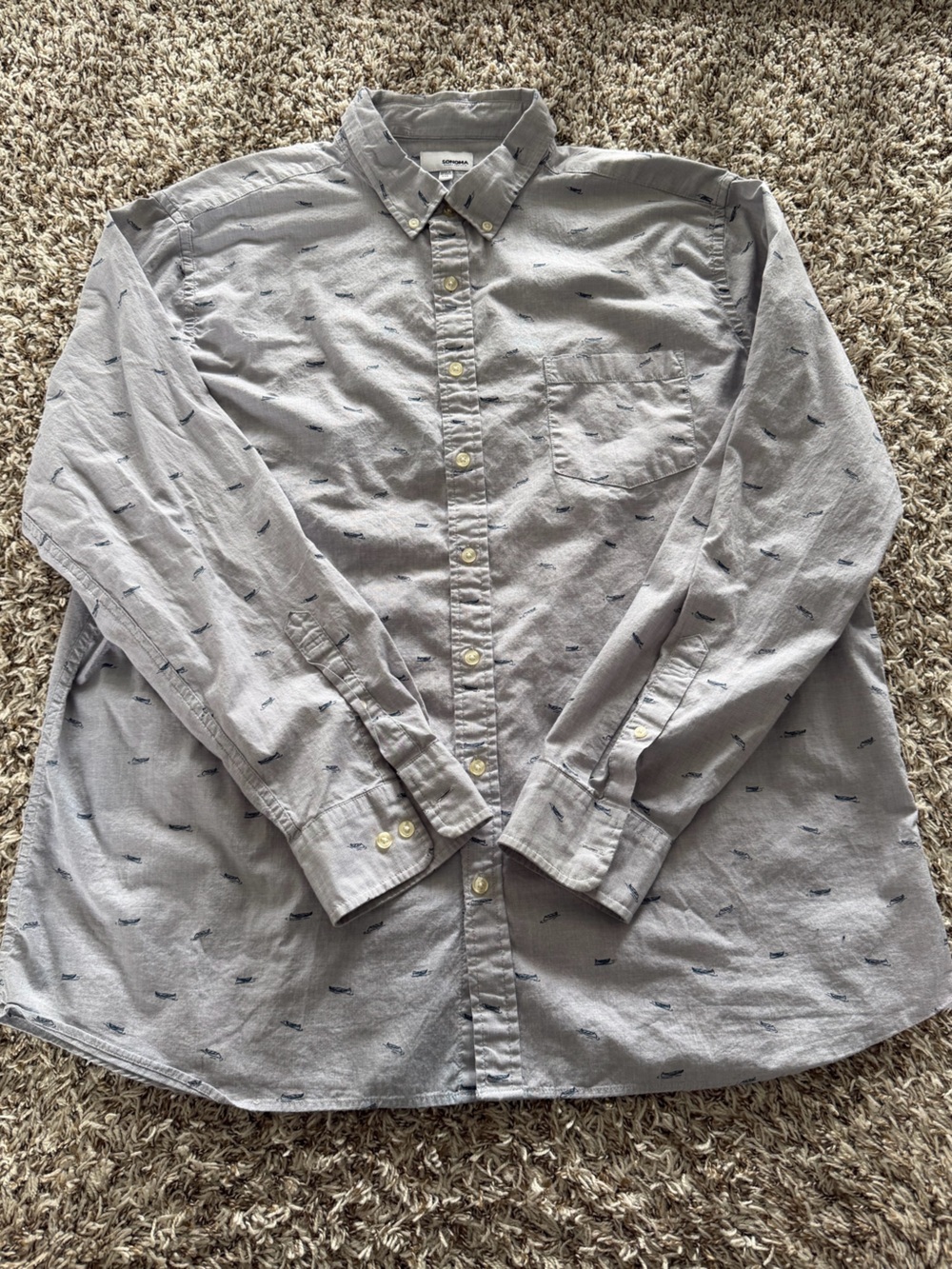 Sonoma Light Gray Button-Down Shirt with Navy Micro Print